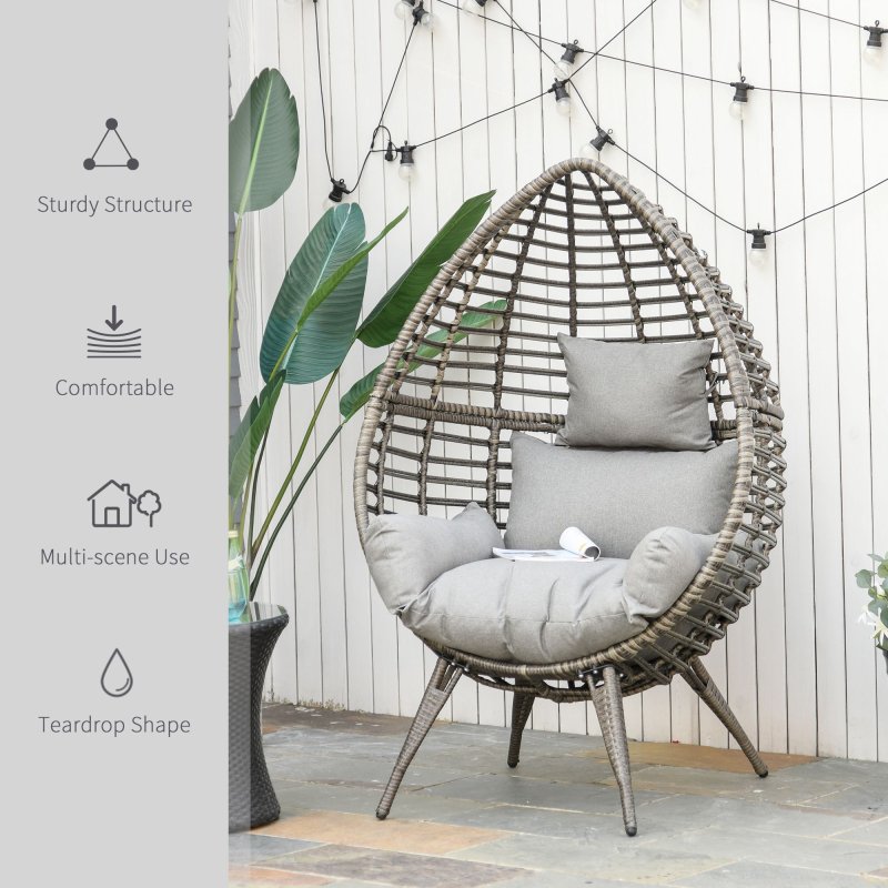 Outsunny Garden Egg Chair, Teardrop Outdoor PE Rattan Chair with Full-body Soft Padded Cushion, Mixed Grey