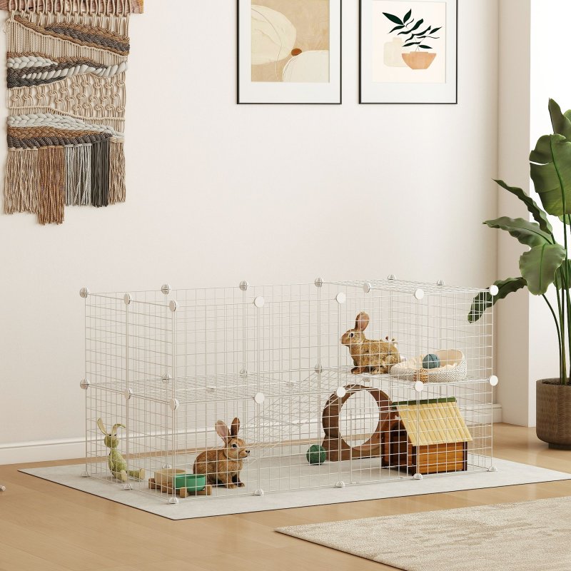 PawHut DIY Pet Playpen Metal Wire Fence Indoor Outdoor Rabbit Small Animals Cage 36 Panel Enclosure, White