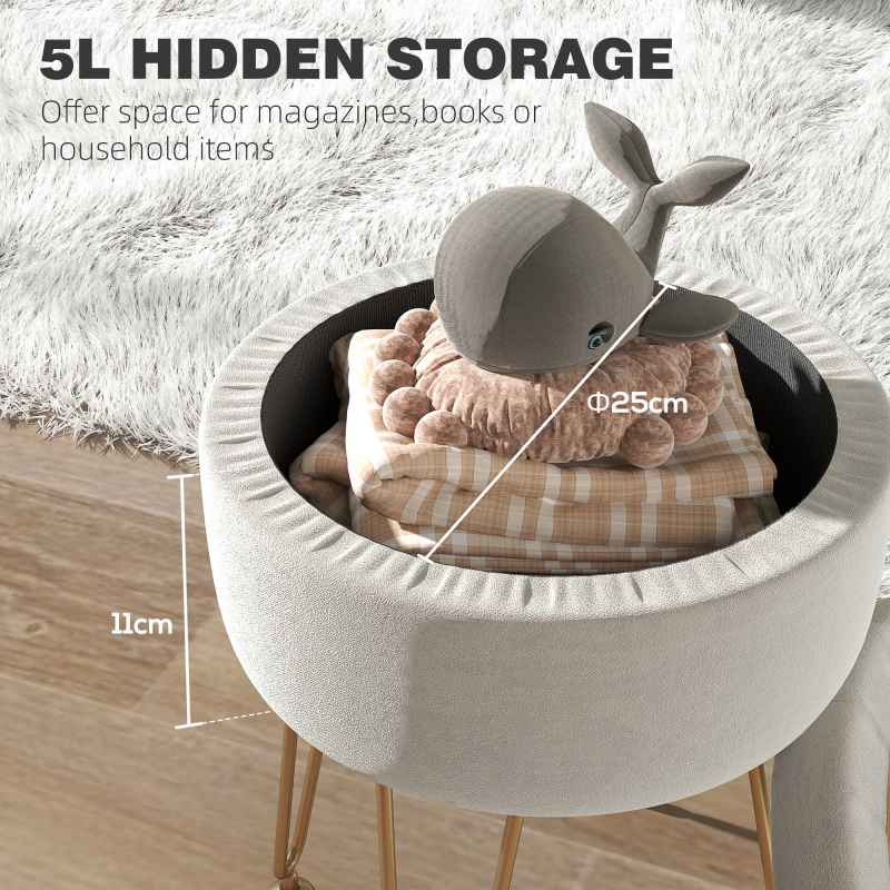 HOMCOM 5L Velvet Storage Ottoman, Modern Round Footstool with Metal Hairpin Legs and Removable Lid, Dressing Table Stool Side Table for Hallway, Bedroom, Living Room, 33 x 33 x 43 cm, Cream White