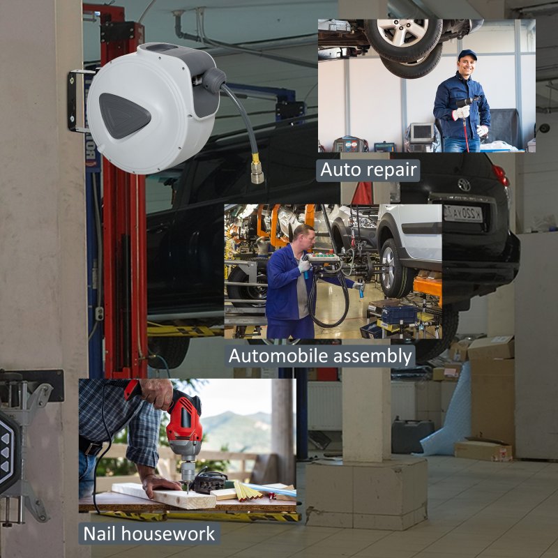 DURHAND Retractable Air Hose Reel 10m+ 90cm Hose Diameter 3/ 8" 9.5mm, Hose Connector 1/ 4" BSP, Wall Mount Auto Rewind Hose- Reel