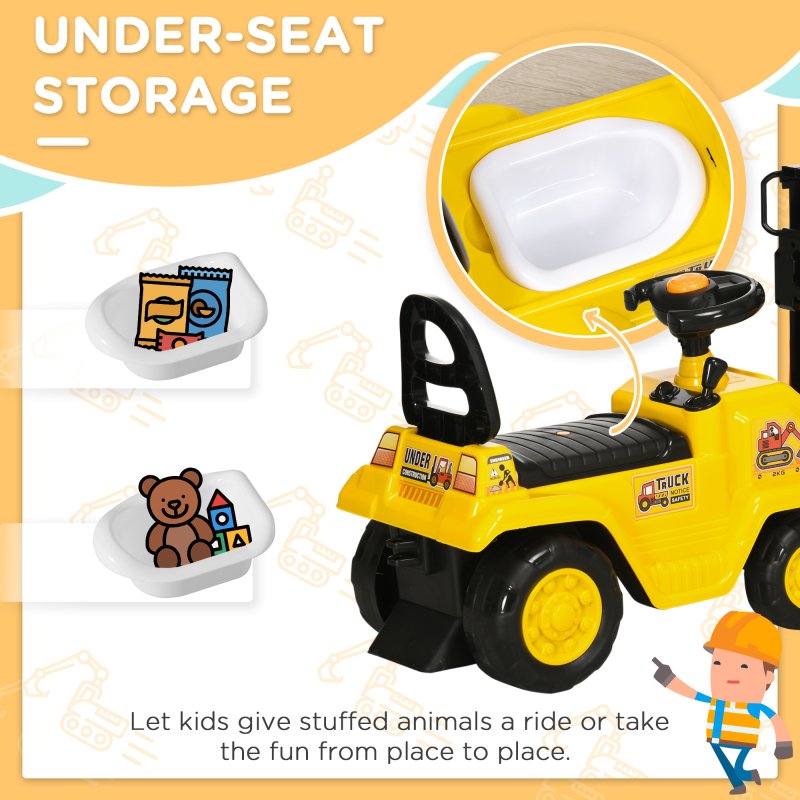 HOMCOM Kids Ride on Forklift Truck w/ Fork and Tray, Ride On Tractor w/ Under Seat Storage, Treaded Wheels, No Power Design, for 3-4 Years Old