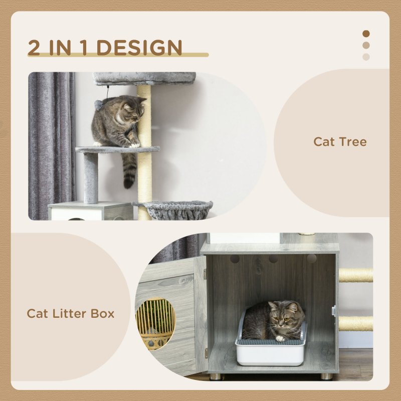 PawHut Cat Tower with Litter Box Enclosure, Cat Tree for Indoor Cats with Cat House, Scratching Post, Hammock, Grey