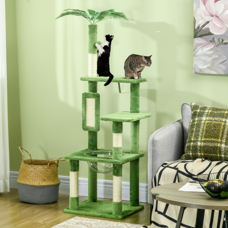 PawHut 142cm Cat Tree for Indoor Cats, Cat Tower with Scratching Posts, Scratch Board, Hammock, Toy Balls, Multi-level Platforms, Green
