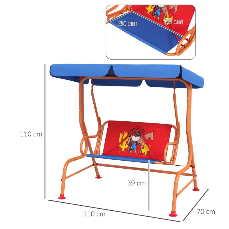 Outsunny 2 Seat Kids Swing Chair with Adjustable Canopy, Cowboy Themed Double Kids Garden Swing Bench with Safety Belts for Patio Park Porch, for Ages 3-6 Years - Red and Blue