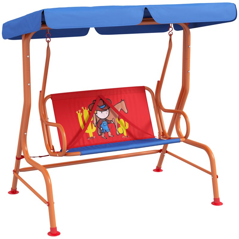 Outsunny 2 Seat Kids Swing Chair with Adjustable Canopy, Cowboy Themed Double Kids Garden Swing Bench with Safety Belts for Patio Park Porch, for Ages 3-6 Years - Red and Blue