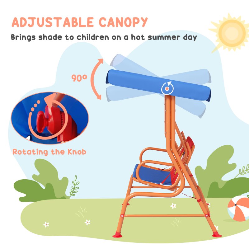 Outsunny 2 Seat Kids Swing Chair with Adjustable Canopy, Cowboy Themed Double Kids Garden Swing Bench with Safety Belts for Patio Park Porch, for Ages 3-6 Years - Red and Blue