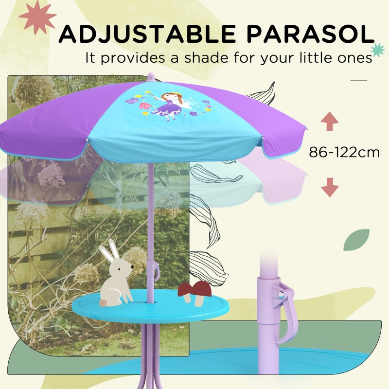 Outsunny Kids Bistro Set Children Table and Chair Set Garden Furniture Fairy Themed 4 Pieces w/ Adjustable Parasol, Foldable Chairs for 2-5 Years - Blue