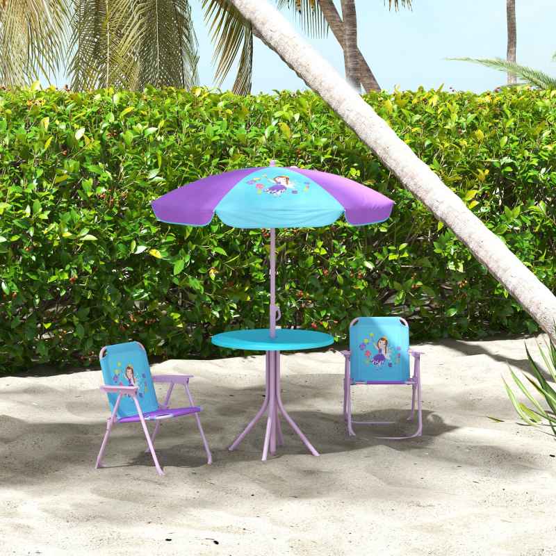 Outsunny Kids Bistro Set Children Table and Chair Set Garden Furniture Fairy Themed 4 Pieces w/ Adjustable Parasol, Foldable Chairs for 2-5 Years - Blue