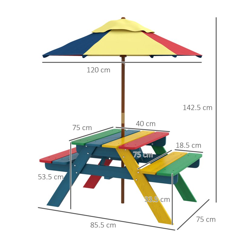Outsunny Kids Picnic Table Wooden Garden Furniture Bench with Removable Umbrella Outdoor, for Ages 3-6 Years - Multicoloured