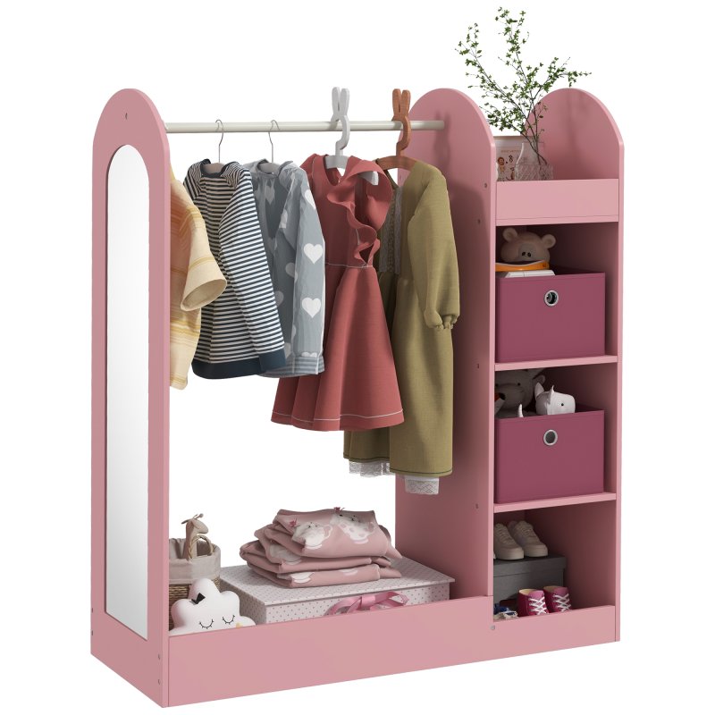 AIYAPLAY Kids Clothes Rail, Kids Dress Up Rail with Storage Shelf, Boxes, Mirror, Kids Wardrobe for Bedroom, Kids Room, Nursery, Pink