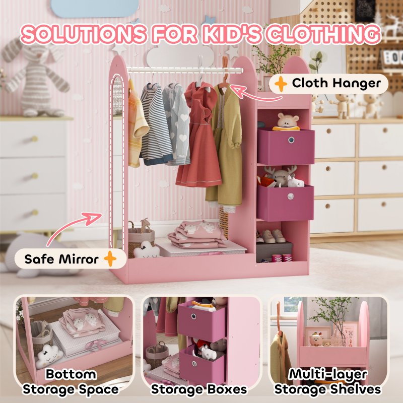 AIYAPLAY Kids Clothes Rail, Kids Dress Up Rail with Storage Shelf, Boxes, Mirror, Kids Wardrobe for Bedroom, Kids Room, Nursery, Pink