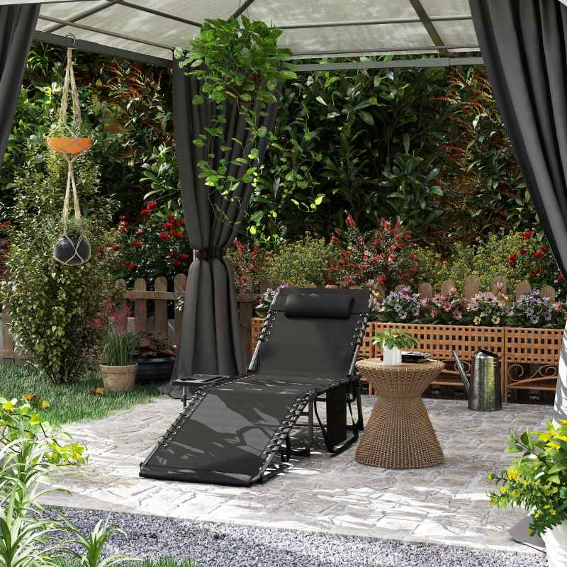 Outsunny Folding Sun Lounger with Side Table, 5-Level Adjustable Reclining Sun Lounger Chair, Portable Garden Recliner Sunbed with Side Pocket, Head Pillow for Patio, Beach, Black