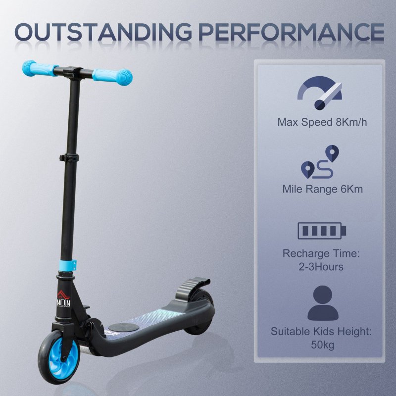 HOMCOM Kids Folding Electric Scooter Adult E Scooter, 120W, with Adjustable Height and Rear Wheel Brake, 8km/h Maximum Speed, for Children Ages 6-12 Years Old, Sky Blue