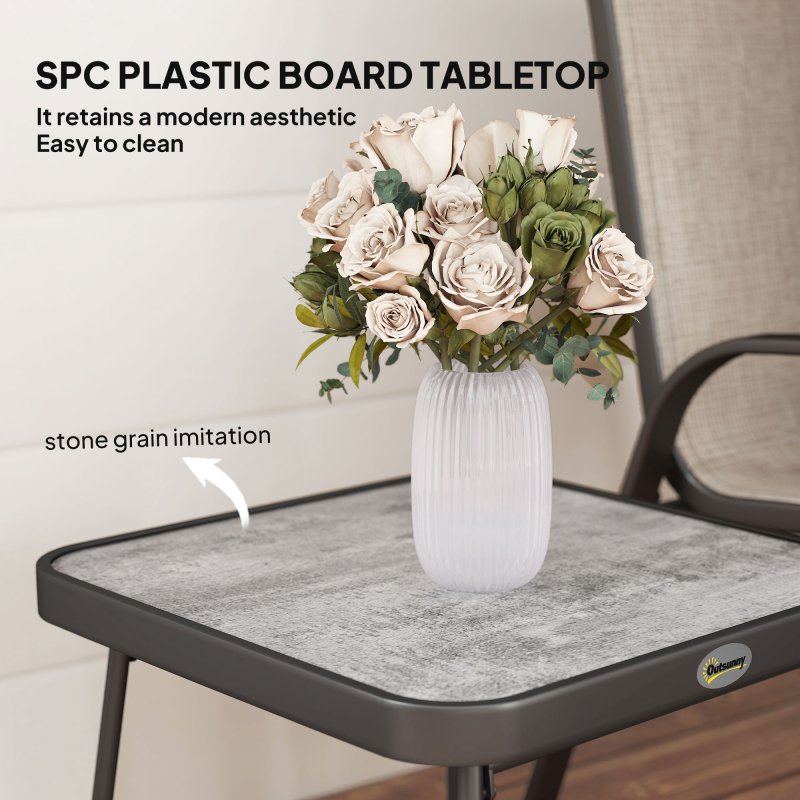 Outsunny 3 Pieces Outdoor Bistro Set, Patio Stackable Armchairs with Breathable Mesh Fabric and SPC Board Coffee Table, Brown