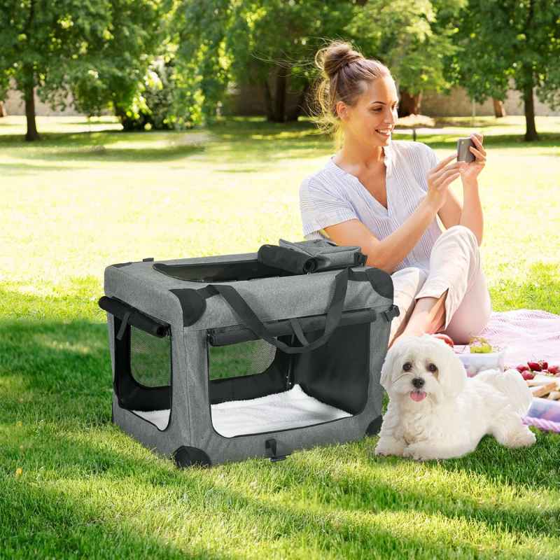 PawHut 51cm Foldable Pet Carrier for Miniature Dogs, Portable Cat Carrier Soft Side Pet Travel Crate with Removable Mat, Breathable Mesh - Grey