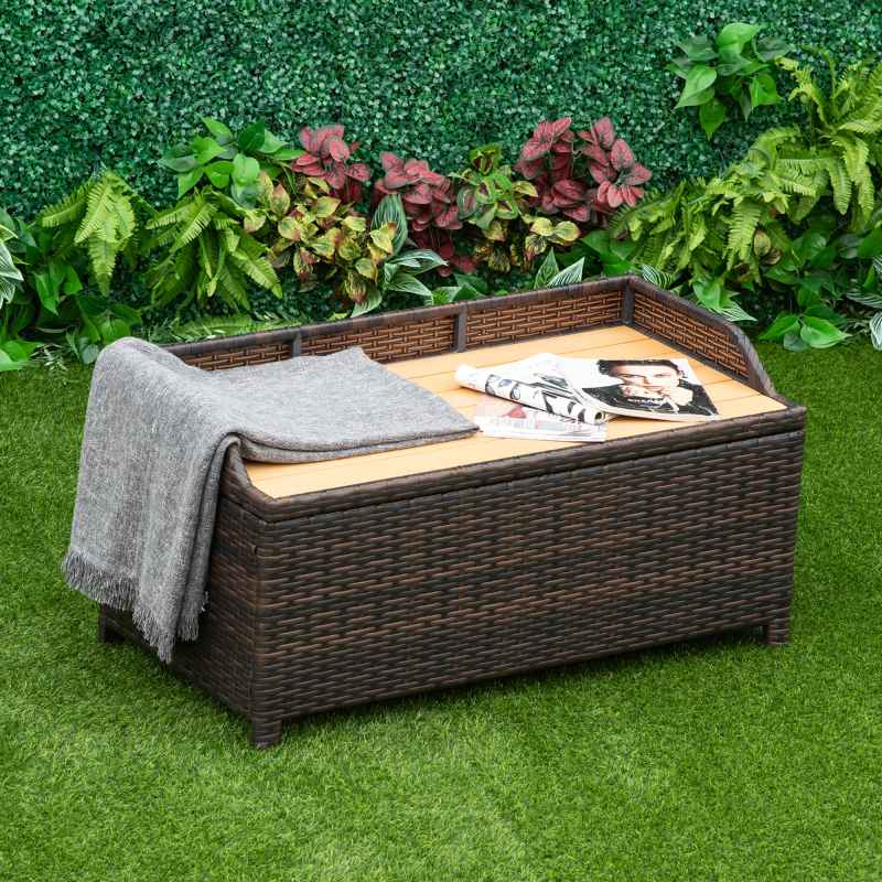 Outsunny PE Rattan Outdoor Storage Bench, Aluminium Garden Bench with Storage Underneath w/ Zipped Inner Lining, Rods for Deck, Mixed Brown