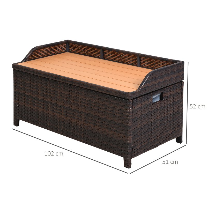 Outsunny PE Rattan Outdoor Storage Bench, Aluminium Garden Bench with Storage Underneath w/ Zipped Inner Lining, Rods for Deck, Mixed Brown