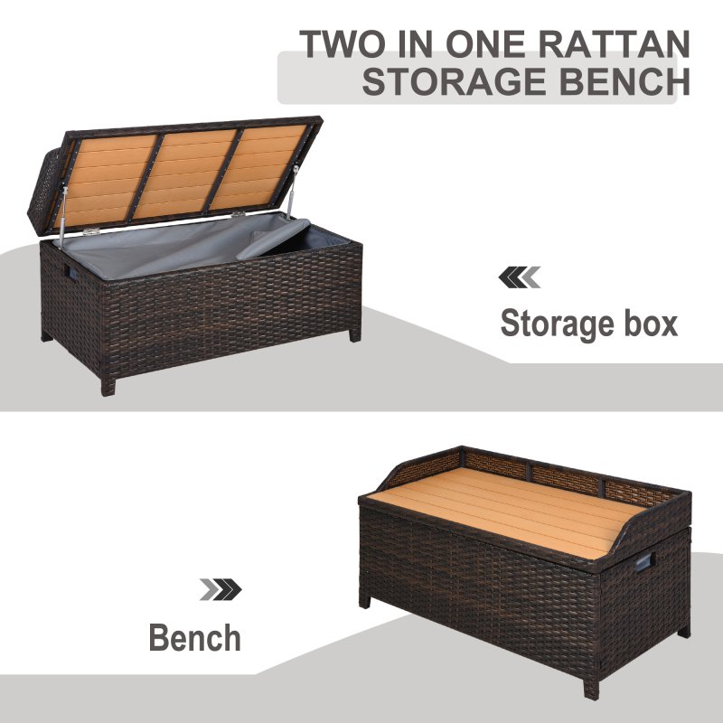 Outsunny PE Rattan Outdoor Storage Bench, Aluminium Garden Bench with Storage Underneath w/ Zipped Inner Lining, Rods for Deck, Mixed Brown