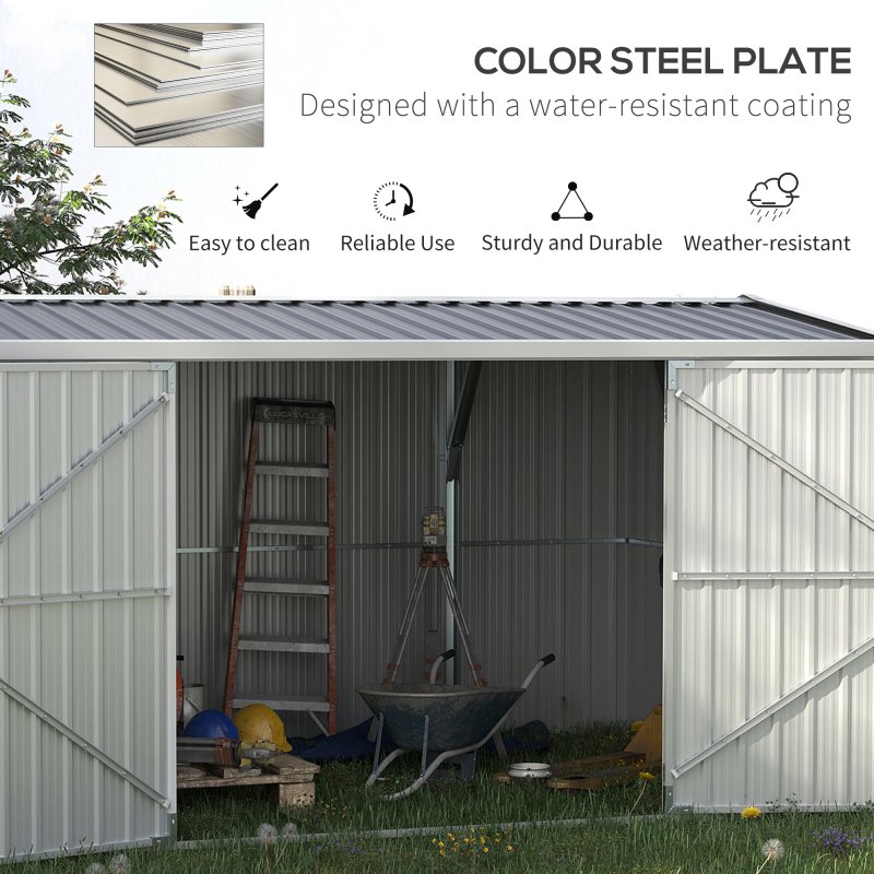 Outsunny 14 x 8ft Outdoor Garden Metal Storage Shed with Lockable Door, Tool Storage Box with Sloped Roof, 4 Windows and Floor Foundation for Backyard, Patio and Lawn - Grey