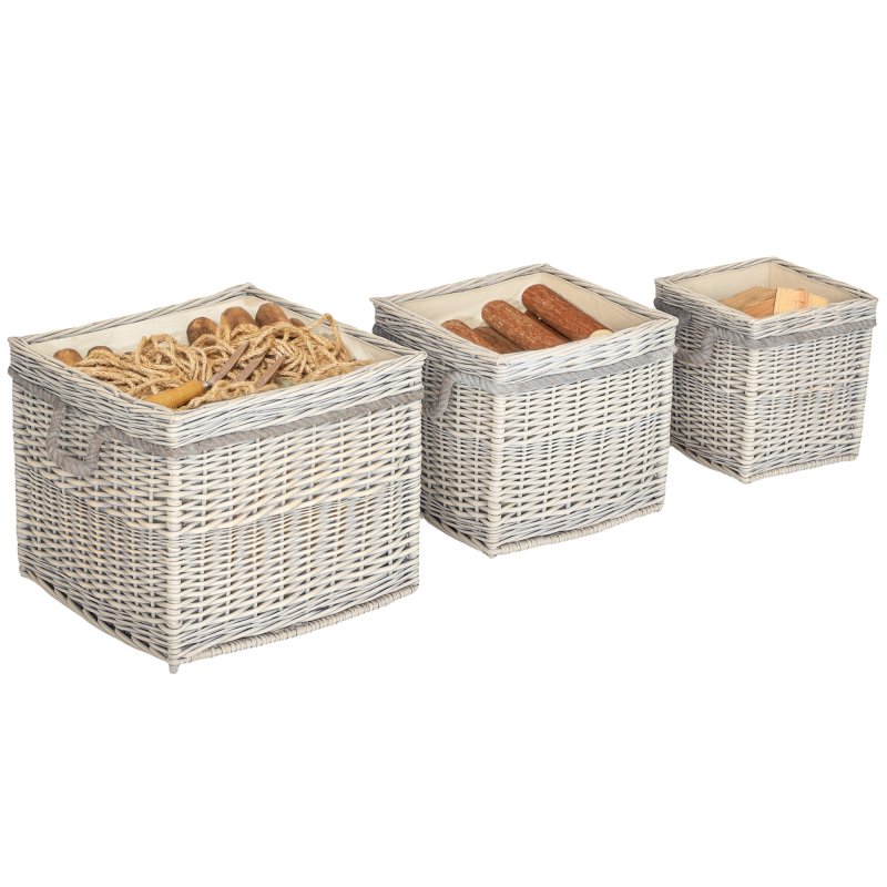 Outsunny Set of 3 Log Baskets for Wood Burner Indoor, Round torage Basket with Lining and Rope Handles for Fireside Storage, Blankets, Beige