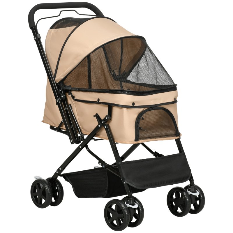 PawHut Dog Stroller, Pet Stroller, Foldable Dog Cat Travel Pushchair with Reversible Handle, EVA Wheels, Brake, Basket, Adjustable Canopy, Safety Leash, for Small Dogs, Grey