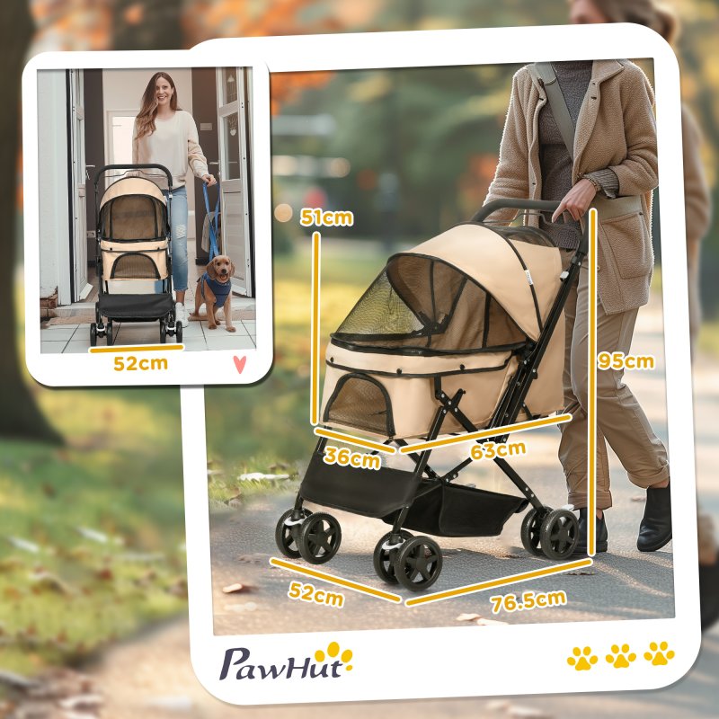 PawHut Dog Stroller, Pet Stroller, Foldable Dog Cat Travel Pushchair with Reversible Handle, EVA Wheels, Brake, Basket, Adjustable Canopy, Safety Leash, for Small Dogs, Grey