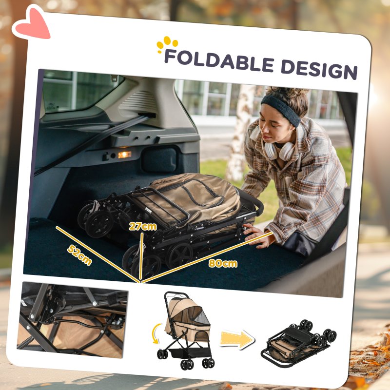 PawHut Dog Stroller, Pet Stroller, Foldable Dog Cat Travel Pushchair with Reversible Handle, EVA Wheels, Brake, Basket, Adjustable Canopy, Safety Leash, for Small Dogs, Grey