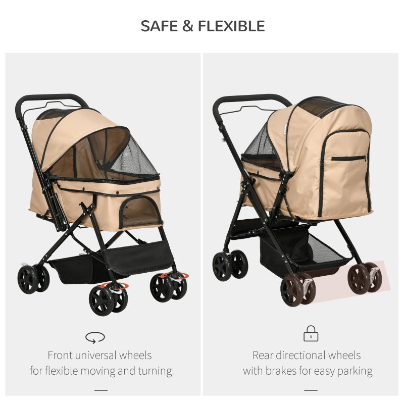 PawHut Dog Stroller, Pet Stroller, Foldable Dog Cat Travel Pushchair with Reversible Handle, EVA Wheels, Brake, Basket, Adjustable Canopy, Safety Leash, for Small Dogs, Grey