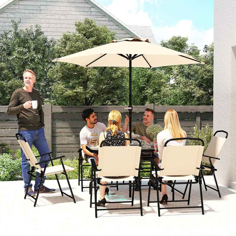 Outsunny 8 Pieces Dining Set with Parasol 6 Folding Texteline Chairs and Tempere Glass Table Beige