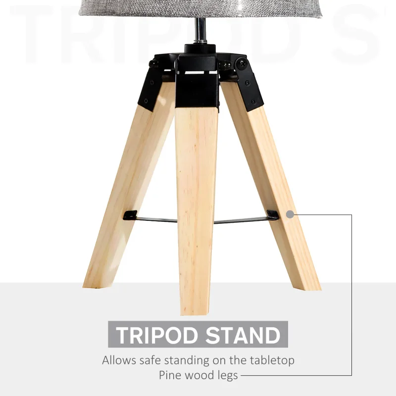 HOMCOM Wooden Tripod Table Lamp for Side, Desk or End Table with E27 Bulb Base (Grey Shade)