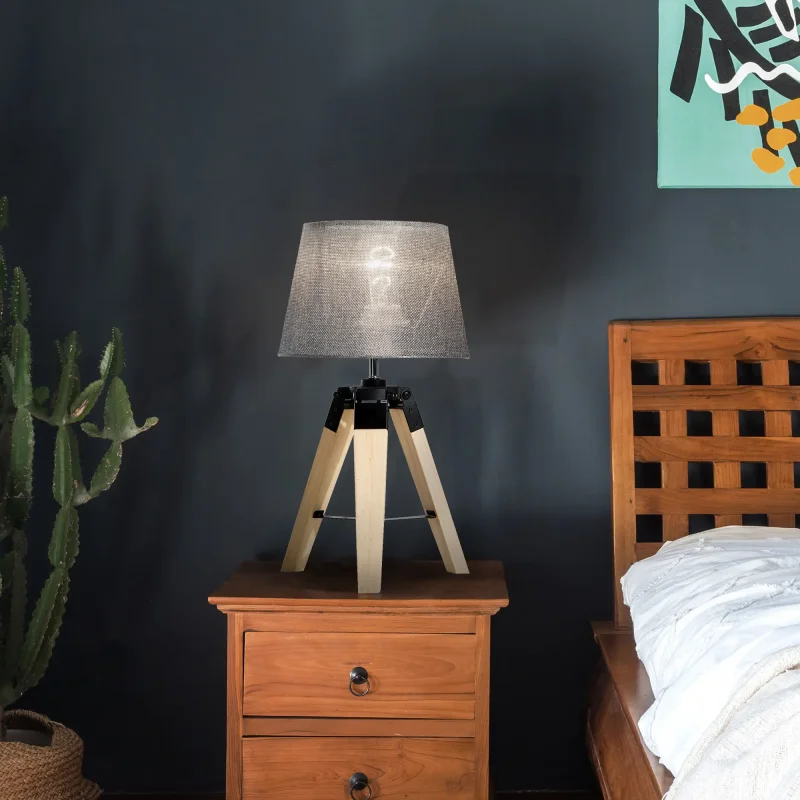 HOMCOM Wooden Tripod Table Lamp for Side, Desk or End Table with E27 Bulb Base (Grey Shade)