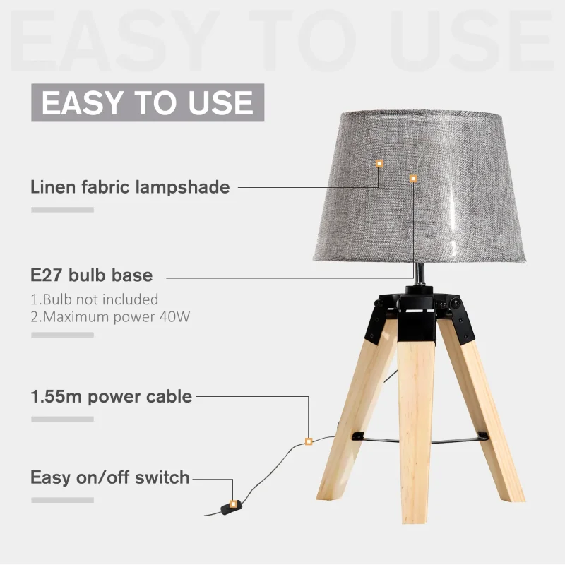 HOMCOM Wooden Tripod Table Lamp for Side, Desk or End Table with E27 Bulb Base (Grey Shade)