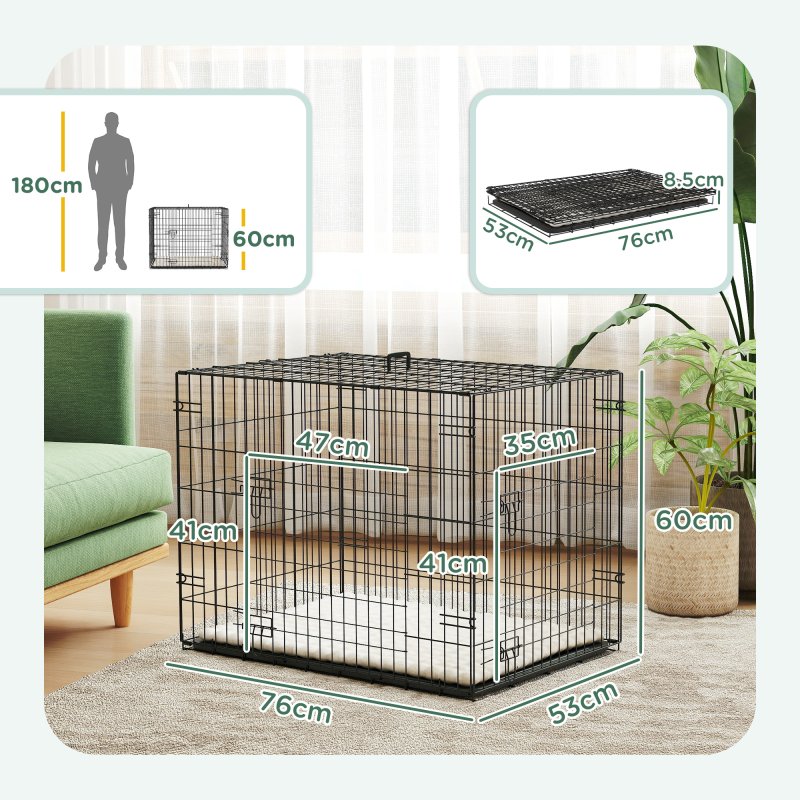 PawHut Dog Crate, Folding Metal Dog Cage with Two Doors, Tray, Soft Cushion, for Small Dogs, 76 x 53 x 60 cm, Black