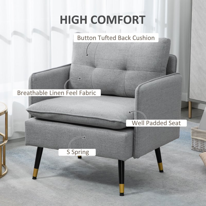 HOMCOM Modern One Seater Sofa, Button Tufted Armchair with Cushions and Steel Legs, Accent Chair for Living Room, Guest Room, Grey