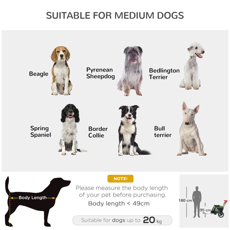 PawHut Dog Bike Trailer Dog Stroller 2 in 1 Foldable with Aluminium Frame, Quick-Release Wheels, Safety Leash, Anti-Slip Mat, Hitch Coupler, Reflectors, Flag, for Medium Dogs - Green