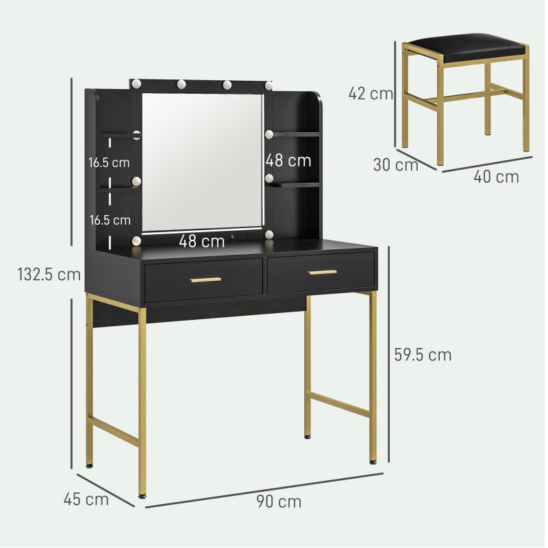 HOMCOM Dressing Table with Lighted Mirror, Cushioned Stool, Drawers, Shelves, LED Makeup Vanity Desk Set, Modern Dresser Vanity Table for Bedroom, Black