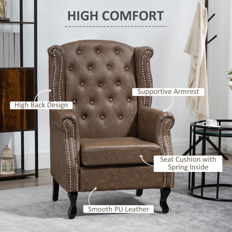 HOMCOM Wingback Armchair, PU Leather Fireside Chair, Button Tufted Accent Chair  for Living Room, Bedroom, Home Office