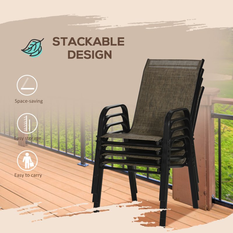 Outsunny 4 Pieces Garden Chairs, Stackable Outdoor Chairs with High Backrest and Armrest, Breathable Mesh Fabric Dining Chair Set of 4, Mixed Brown