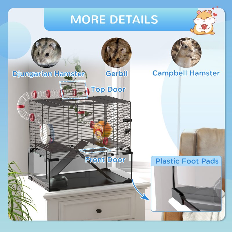 PawHut Large Hamster Cage, Gerbil Cage with Deep Glass Bottom, Tunnels, Non-Slip Ramps, Exercise Wheels, Water Bottle, Dish, 60 x 40 x 57cm