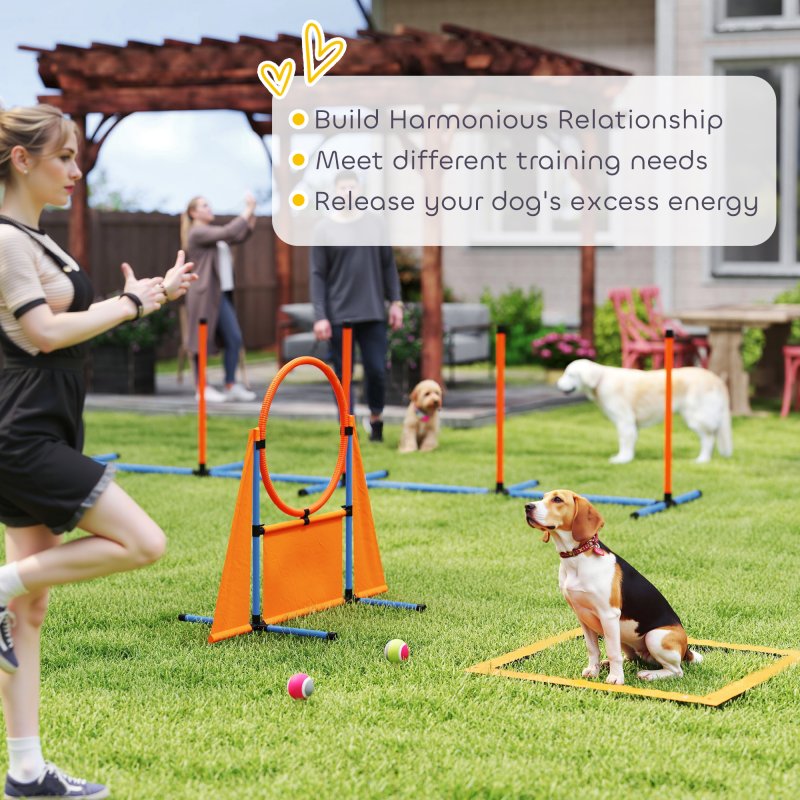 PawHut 6-Piece Dog Agility Equipment, Pet Agility Training Set with Weave Poles, Jump Ring, Hurdle, Pause Box, Obstacle Training Course Kit with Bag, Orange