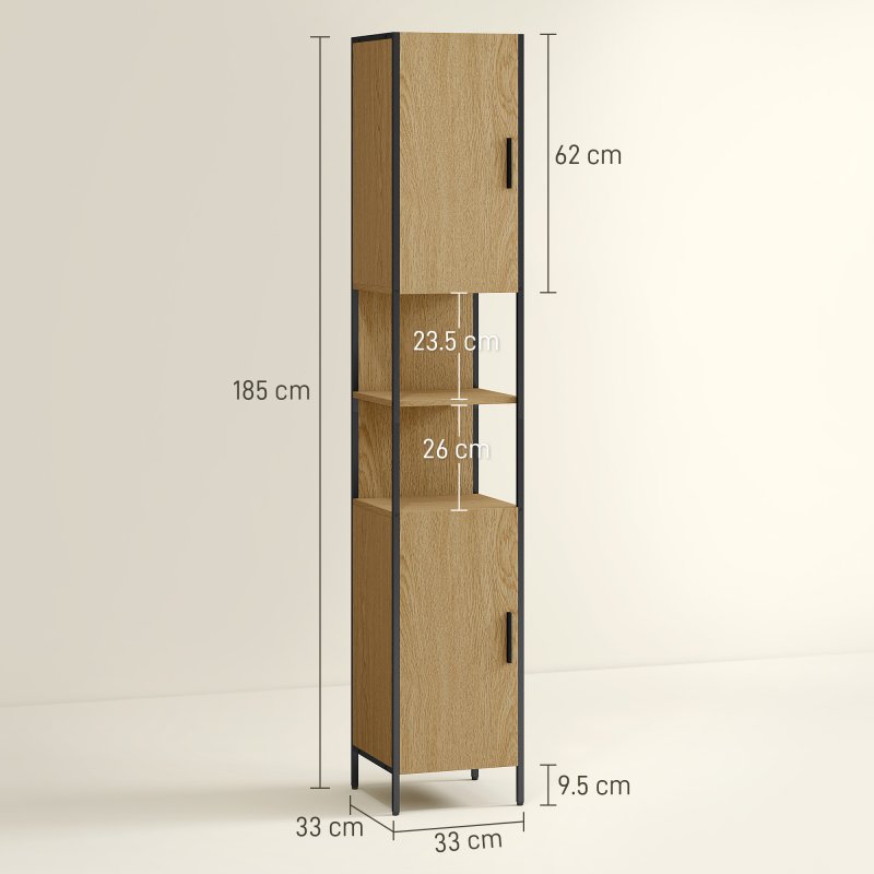 HOMCOM Tall Bathroom Cabinet, Slim Bathroom Storage Cabinet with 2 Doors, Open Compartments and Adjustable Shelves, Freestanding Storage Cupboard, 33 x 33 x 185 cm, Natural Wood Finish