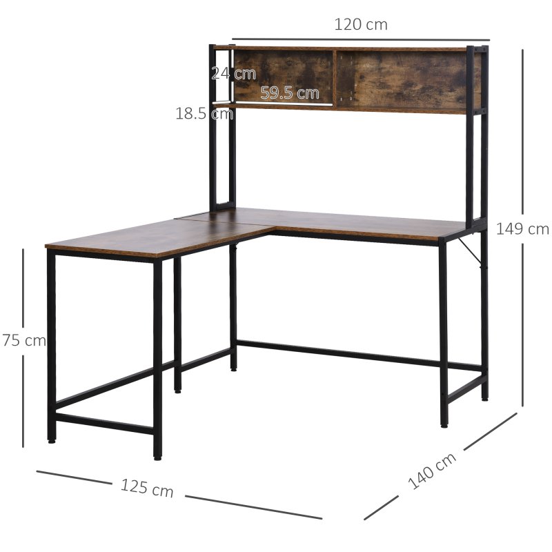 HOMCOM L Shaped Desk with Book Shelf, Industrial Corner Computer Desk, Writing Table with Steel Frame for Home Office, Bedroom, Study Room, 140 x 125cm, Brown