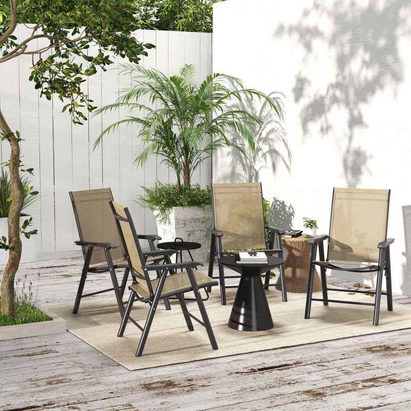 Outsunny Set of 4 Folding Garden Chairs, Metal Frame Garden Chairs Outdoor Patio Park Dining Seat with Breathable Mesh Seat, Light Brown