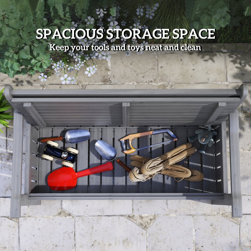 Outsunny Wood Garden Bench 2 Seater Storage Chest Patio Seating Chair with High Back and Armrest, Charcoal Grey