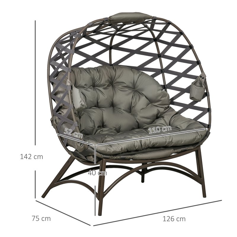 Outsunny Egg Chair Outdoor, 2 Seater Folding Weave Garden Furniture Chair with Cushion, Cup Pockets for Patio Balcony - Sand Brown