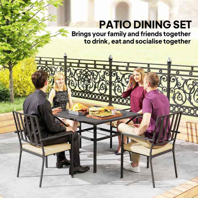 Outsunny 5 Pieces Garden Dining Set with Cushions, Outdoor Patio Table and 4 Stackable Chairs, Metal Top Table with Umbrella Hole, Black