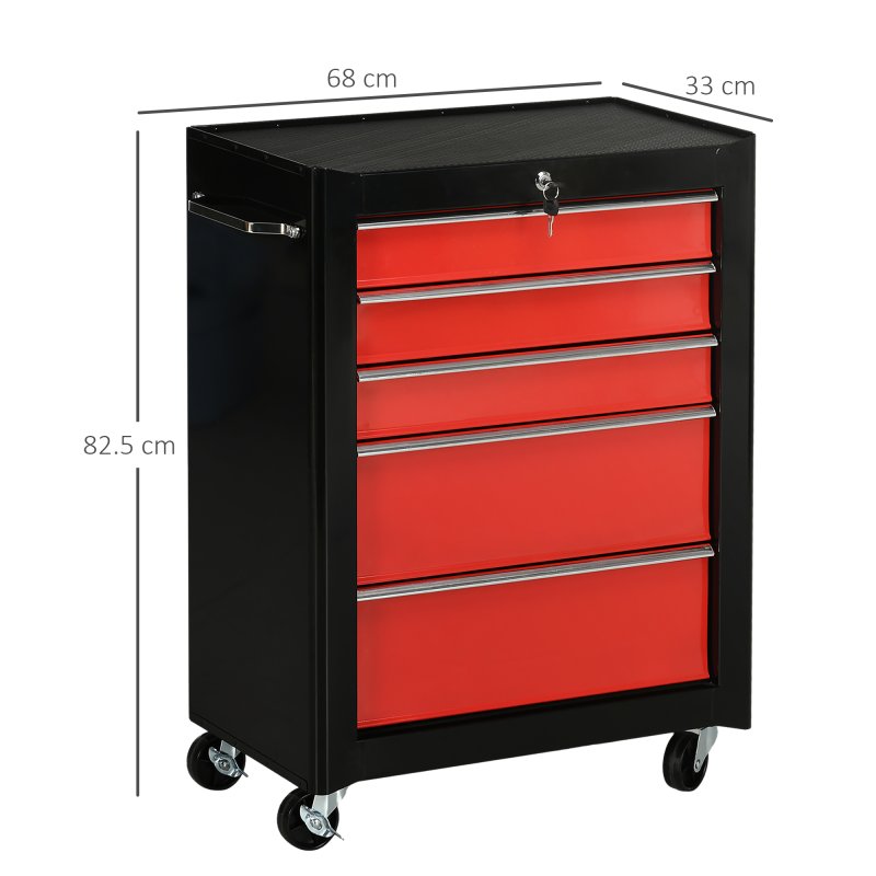HOMCOM 5-Drawer Lockable Steel Tool Storage Cabinet with Wheels Handle 2 Keys Organisation Box Unit Chest Garage DIY Workshop Trolley Red