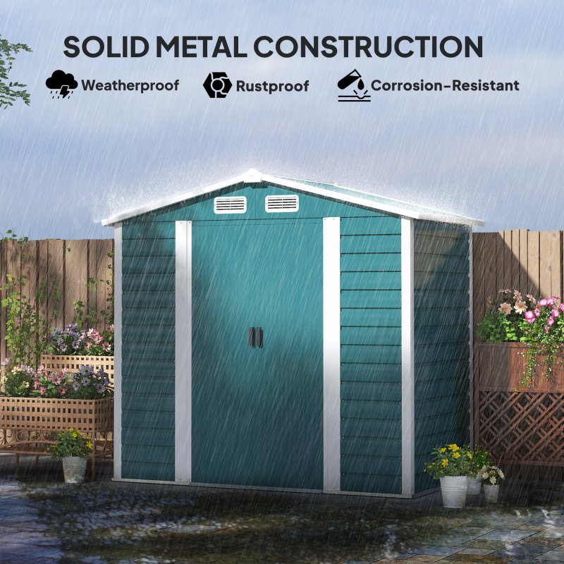 Outsunny 7 x 4ft Garden Shed, Easy to Assemble, Upgraded Galvanised Steel Frame with Foundation Kit, Double Doors with Lock, Outdoor Metal Shed with Vents and Gloves, Garden Storage Shed, Green