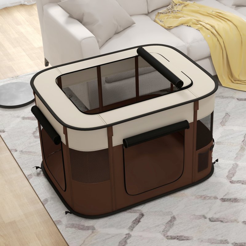 PawHut Dog Pen, Pet Playpen, Portable Foldable Dog Cat Playpen Soft Pet Cage with Storage Bag for Puppies, Rabbits, Kittens, Guinea Pigs, 94 x 74 x 60cm - Brown