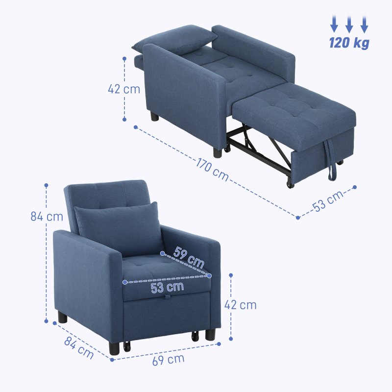 HOMCOM 3 in 1 Sofa Bed, Convertible Foldable Sleeper Chair Bed, Tufted Pull Out Sleeper Couch with Adjustable Backrest for Living Room and Bedroom